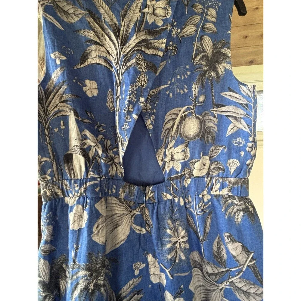 J crew Tropical Blue Linen Romper Cross Back Rainforest Birds 10 100% linen